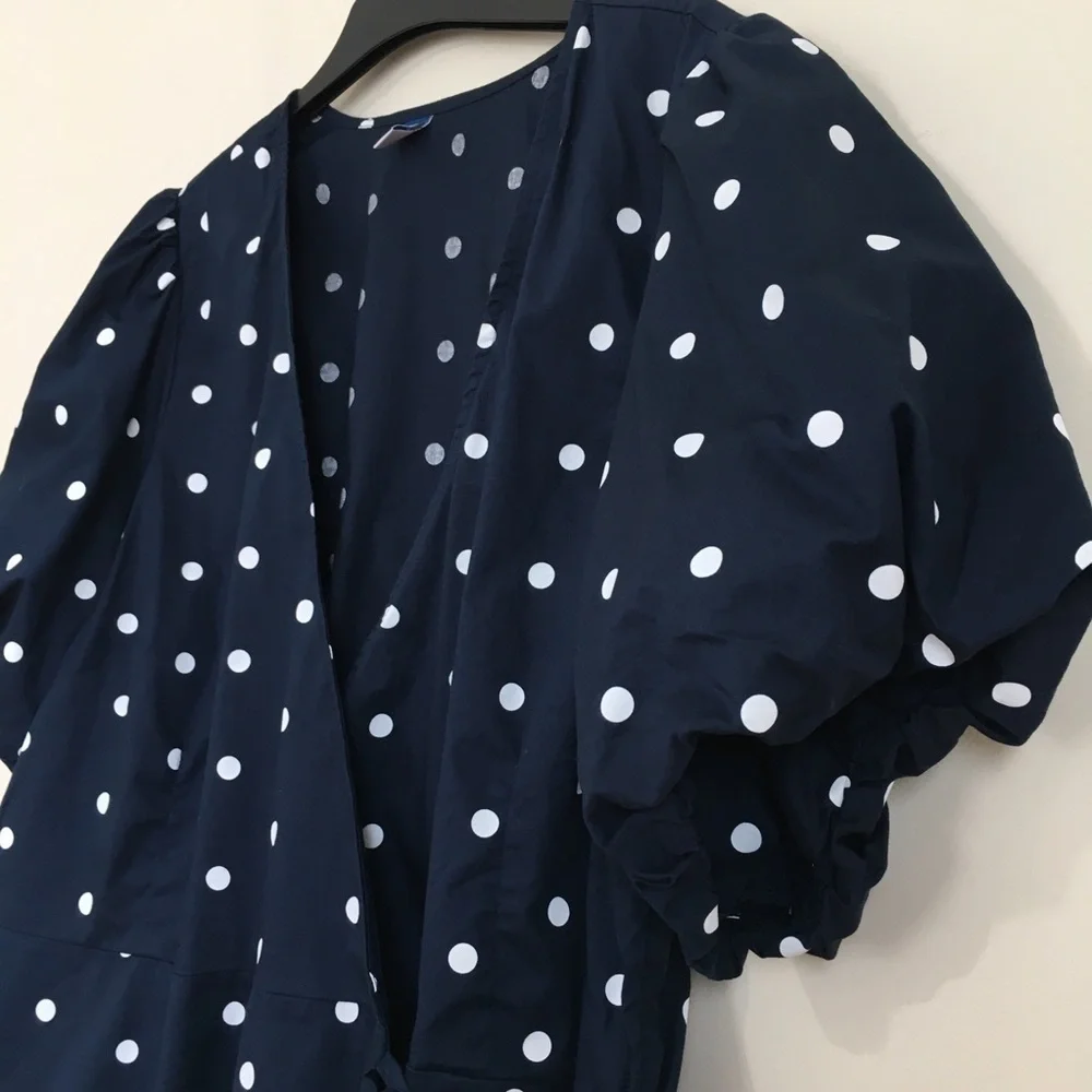 Old Navy Navy White Dots Waist Defined Puff Short Sleeve Tie-Wrap Blouse